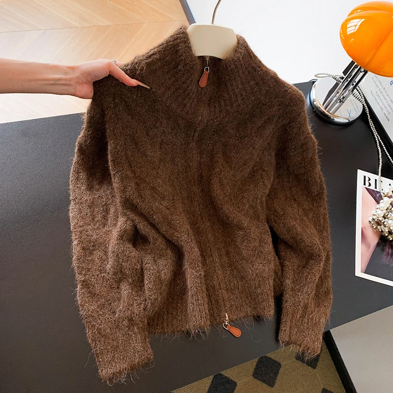 2025 가을/겨울 하이 칼라 지퍼 오픈 스커트 여성용 신상 루즈 소프트 글루티너스 트위스트 니트 코트