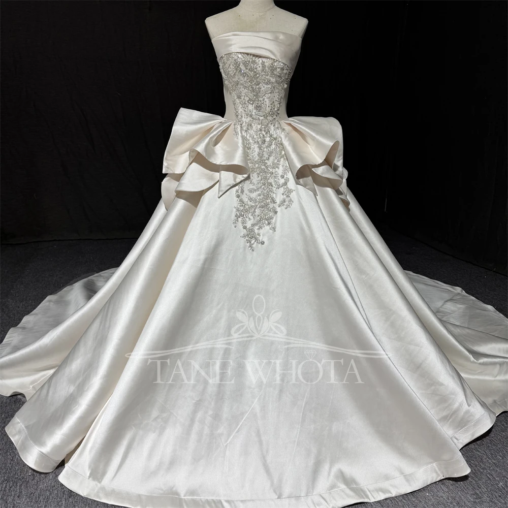 Satin Strapless Sleeveless Beaded Sequined Lace Up Back Bow Customized Wedding Dress Elegant Vestido De Casamento