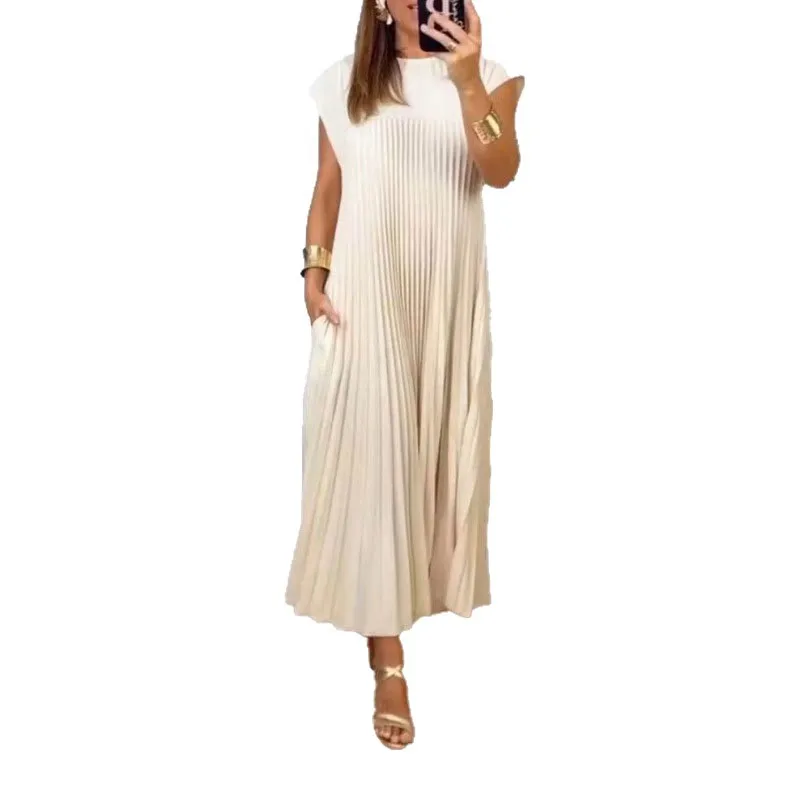 

New Fashionable Wrinkle Dress Women Summer Casual Loose Solid Color Round Neck Sleeveless Long Dresses For Women 2025