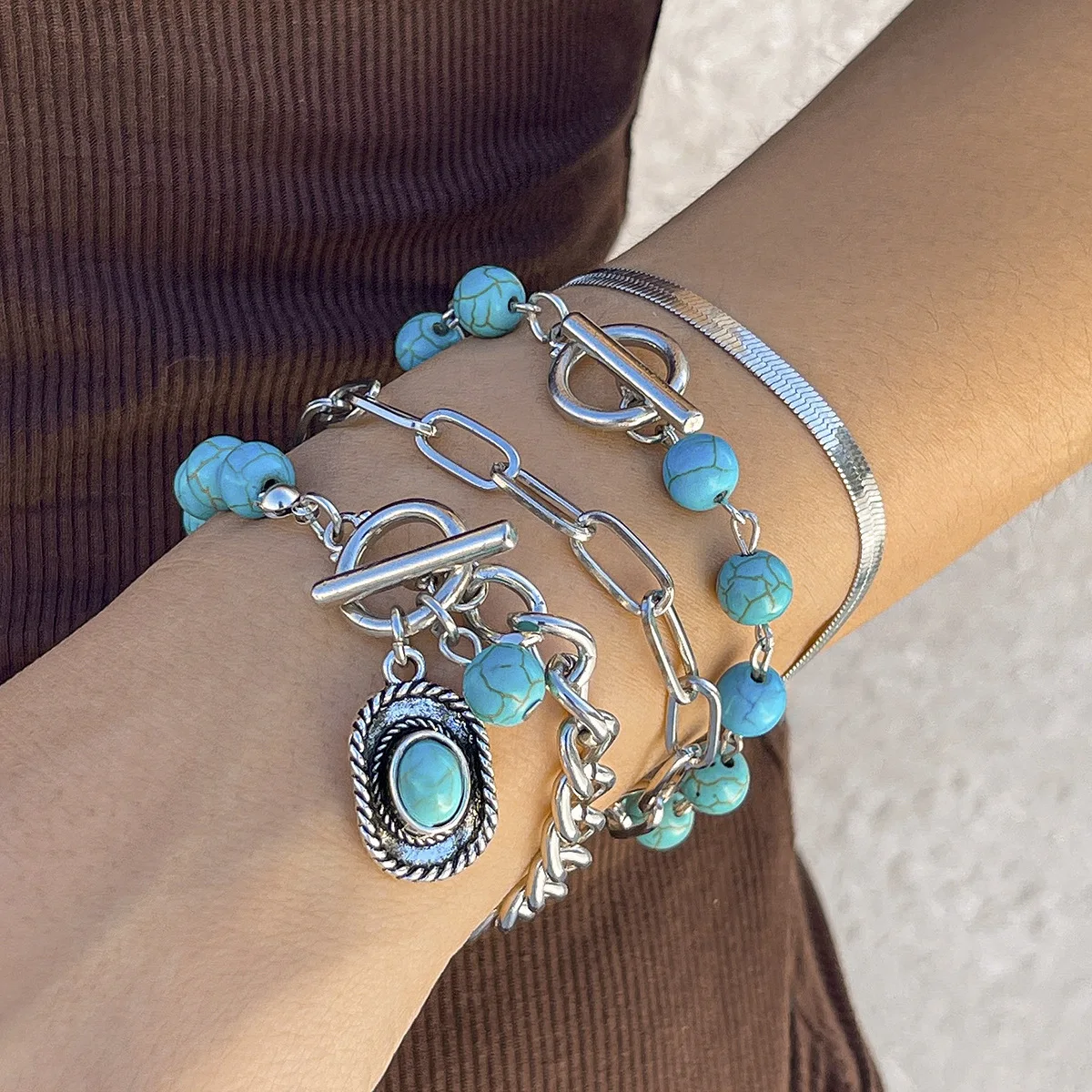 Hot Selling Natural Blue Turquoise Cowboy Hat Personality Multielement Bracelet for Women Four-Piece Set Bracelet Set Jewelry