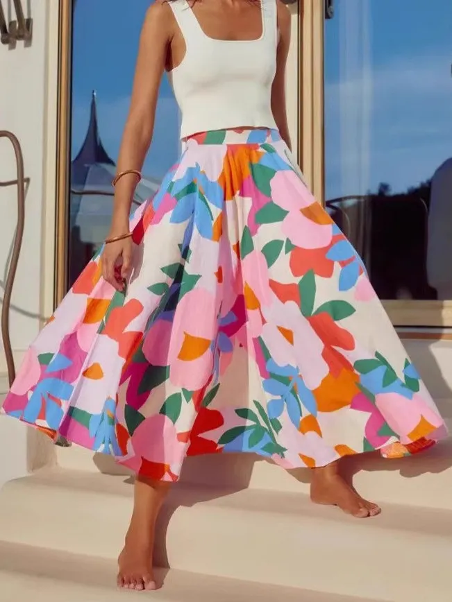 Vacation Style High Waist A-Line Midi Skirt Women's Full Skirt Beach Skirt Slimming Polyester Streetwear Summer 2025