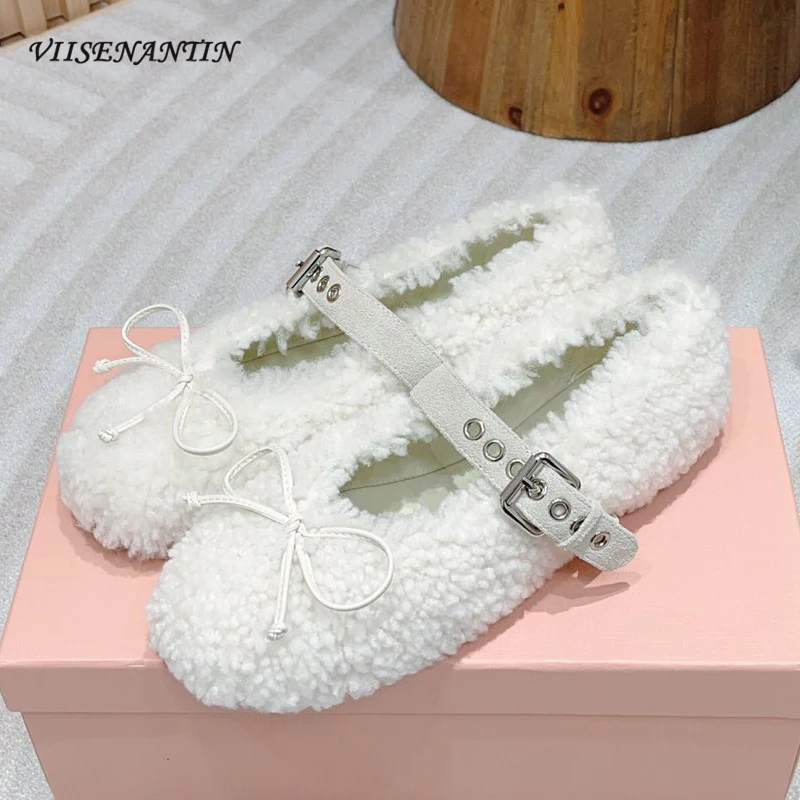 

Autumn Winter Mary Jane Shoe Real Wool Bowtie Decor Shallow Ballet Flat Shoe Women Round Toe Belt Buckle Comfortable Casual Shoe