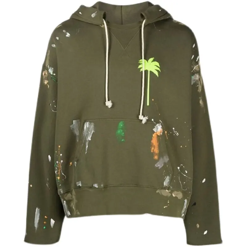 Spring Trendy Angel Paint Splash Coconut Tree Print Hoodie Splash Green Hoodie Men and Women