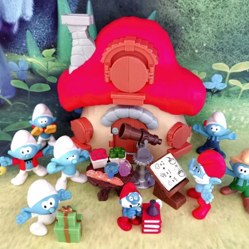 Smurfette Smurf domek grzybowy ruchome stawy bohaterowie kreskówek dekoracja na biurko kolekcja ozdoby nostalgiczny Model zabawkowy