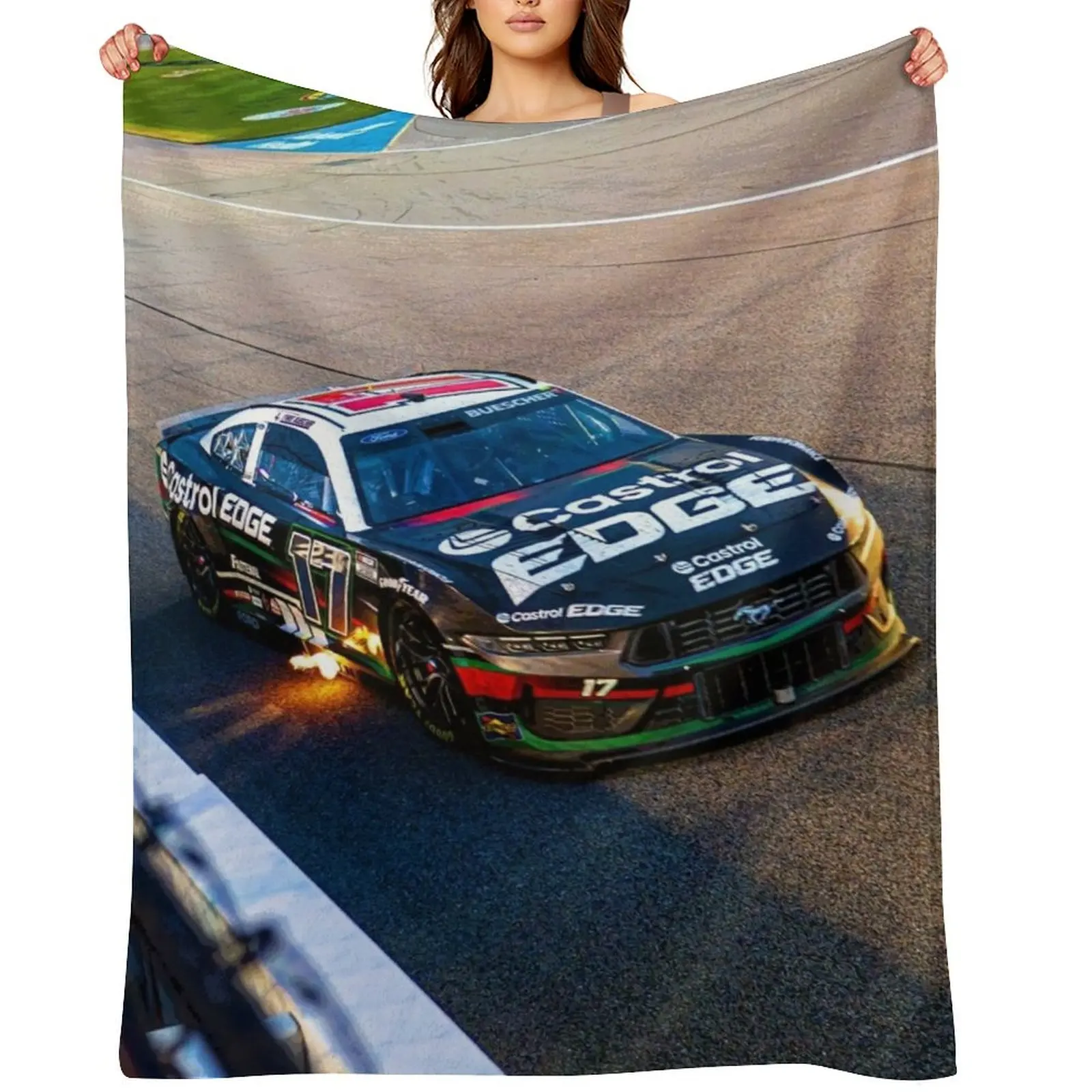 

Chris Buescher racing his 2024 Nascar Cup Car shooting flames out of his exhaust abstract Throw Blanket Plush Blankets