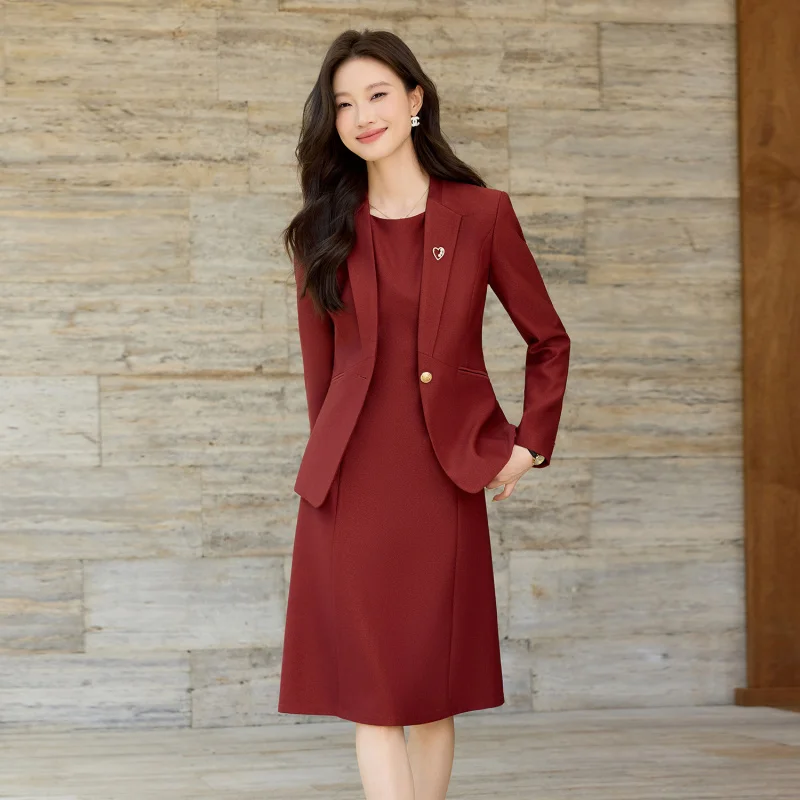Autumn Winter Long Sleeve Burgundy New Workplace Commuting Dress Light Luxury High-end Two-piece Set Elegant Suit Set