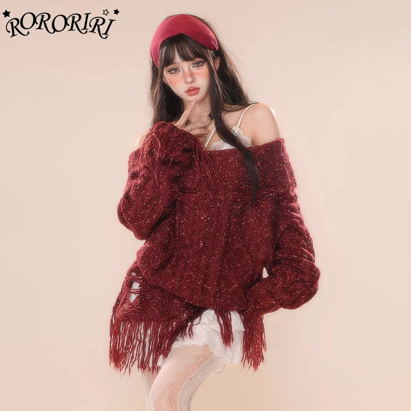 RORORIRI Glitter Tassels Women Cable Knit Sweater Ripped Hole Long Sleeves One-shoulder Pullover Jumper Top Lounge Retro Clothes