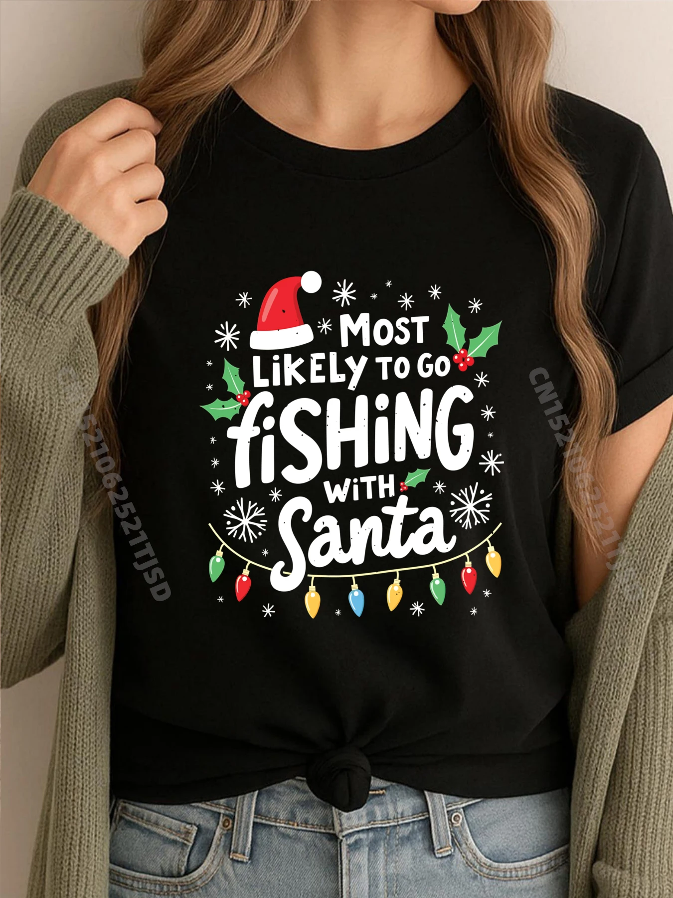 

Самая Likely To Go Fishing With Santa Fishing Рождественские футболки с рисунком Женские новые топы и футболки Стираные топы Футболка Веганская