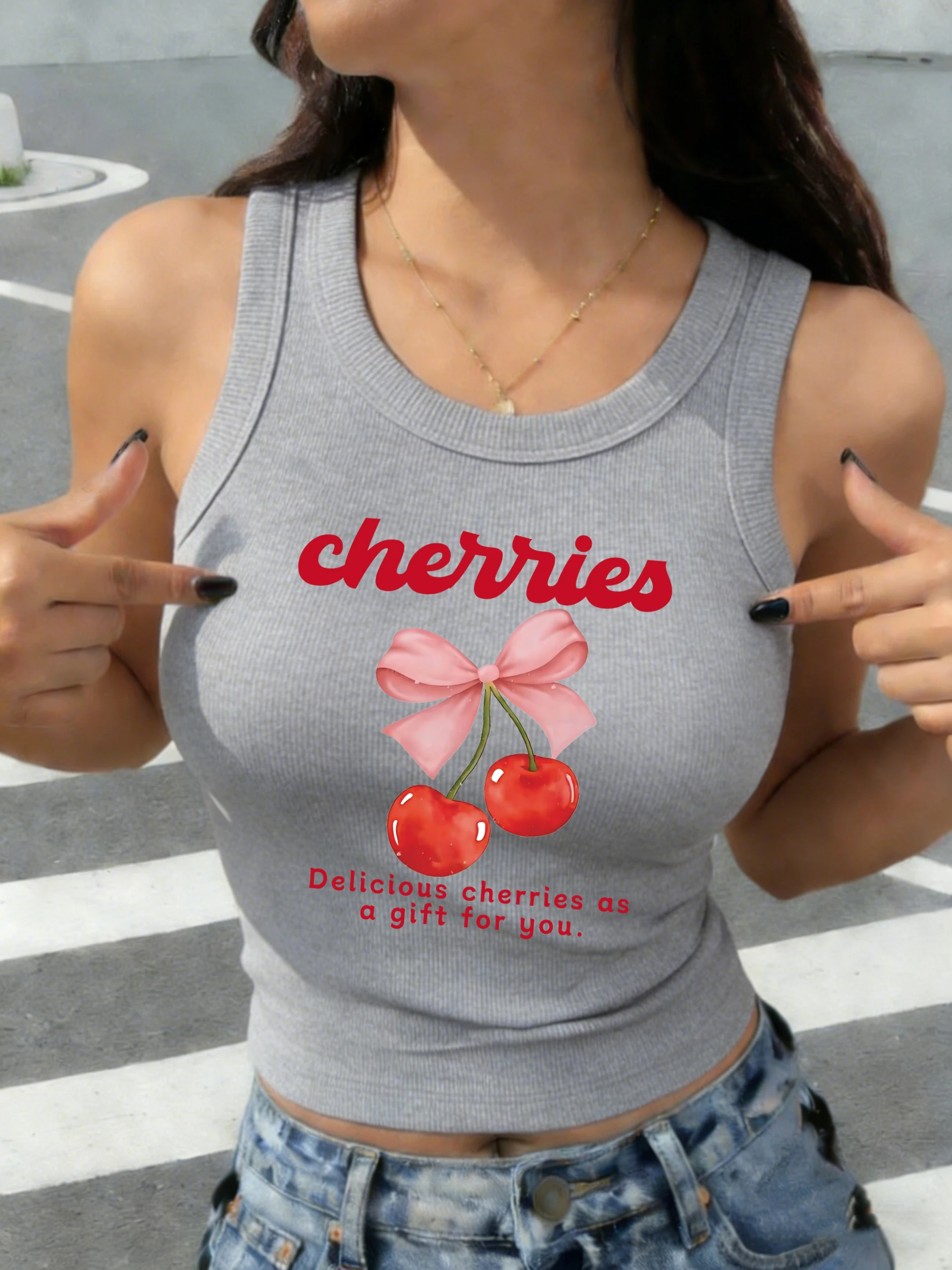 

Cherries Bow Cartoon Prints Women Korean Vest Thread Summer Tank Tops Cotton Y2K Singlet Casual Breathable Woman Camisole
