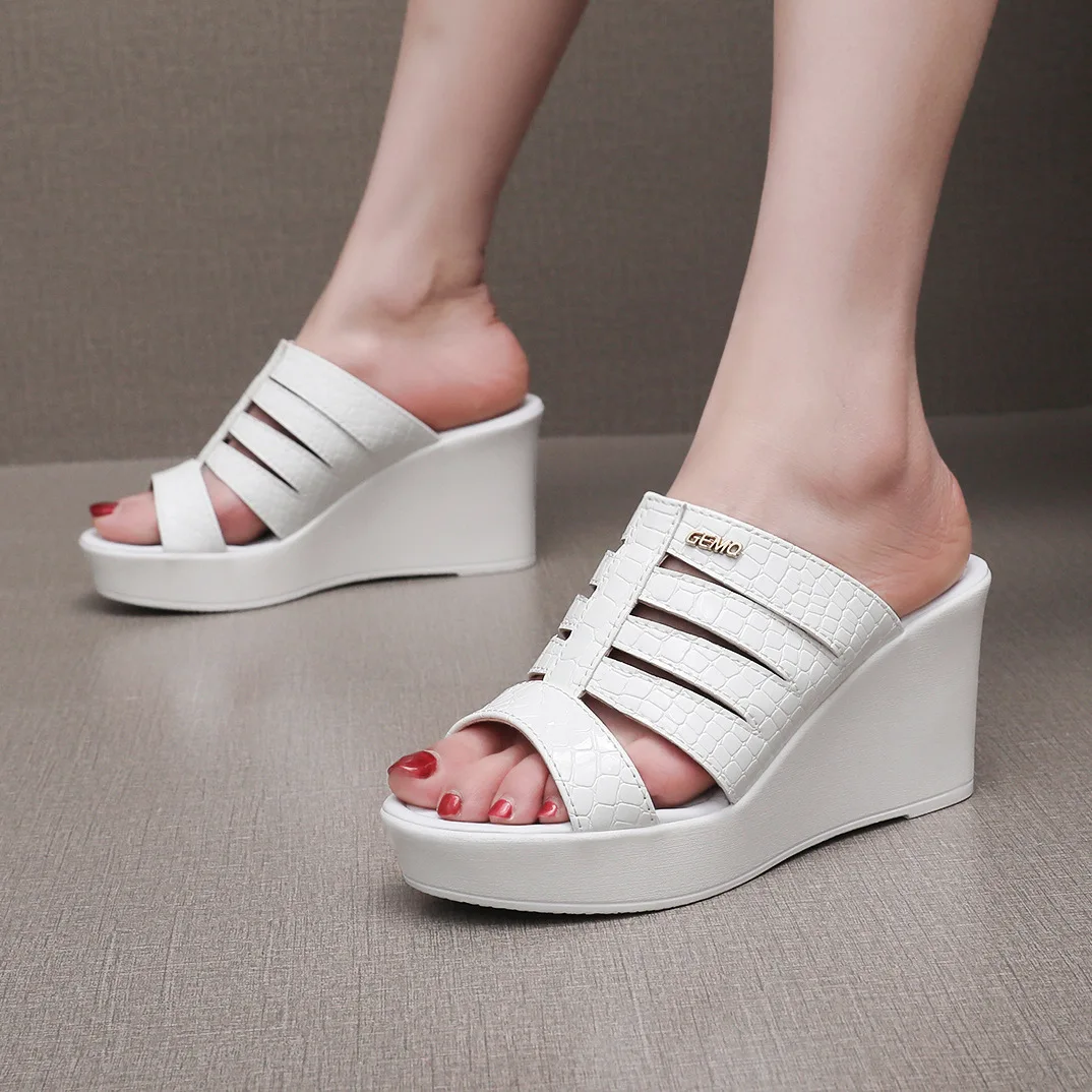 High quality summer leather wedge Slipper for women 6cm 8cm 10cm high heel 33 34 open toe elegant fashion shoe view 4
