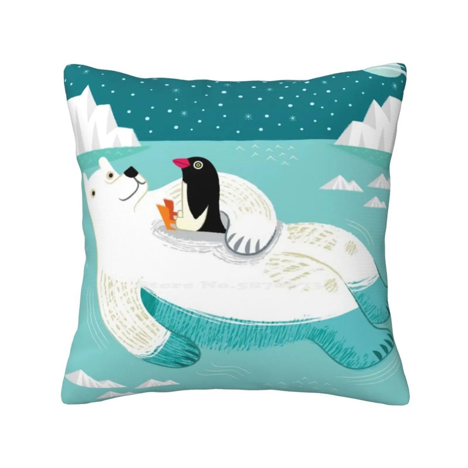 Hitching A Ride Fashion Sofa Throw Pillow Cover Pillowcase Polar Bears Penguins Cute Funny Arctic Snow Kids Childrens Humor