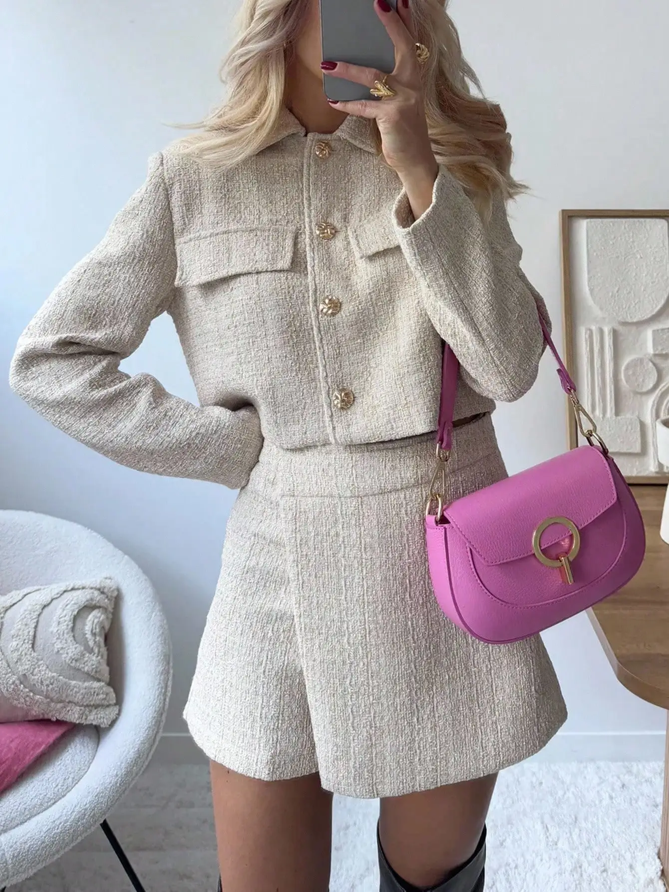 Beige Tweed Texture 2-Piece Set: Cropped Jacket with Gold Buttons & A-Line Skirt