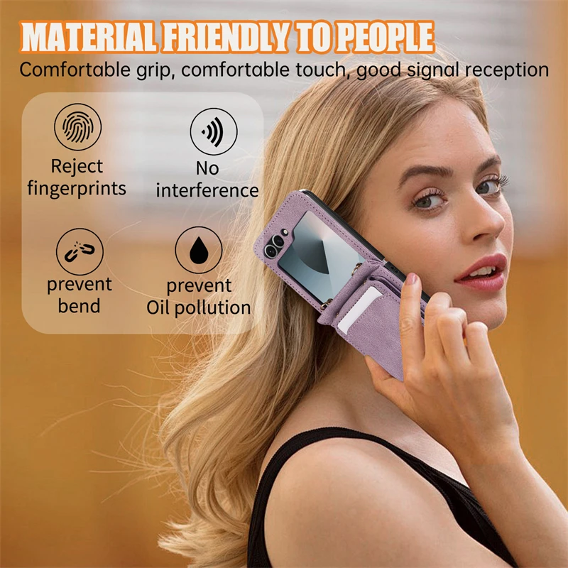 Leather Wallet Card Holder Case for Samsung Galaxy Z Flip 7 6 5 4 3 ZFlip Flip6 Flip5 Flip7 with Crossbody Lanyard Bag Cover