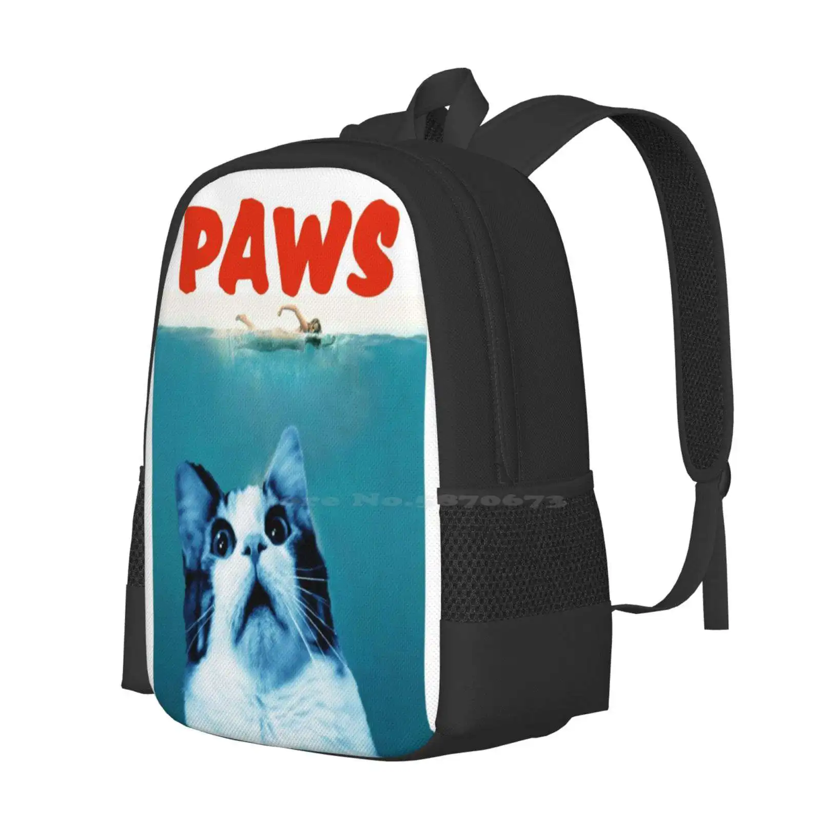 Paws Large Capacity School Backpack Laptop Bags Jaws Film Movie Cat Kitten Cute Shark Water Sea Swim Scary Fluffy Funny Parody