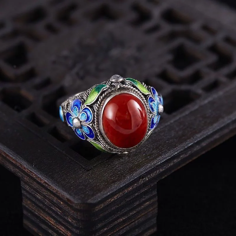 

New Style Filigree Inlaid Ring Vintage Burnt Blue Retro Court Ring925Silver Handmade Filigree Ring for Mom