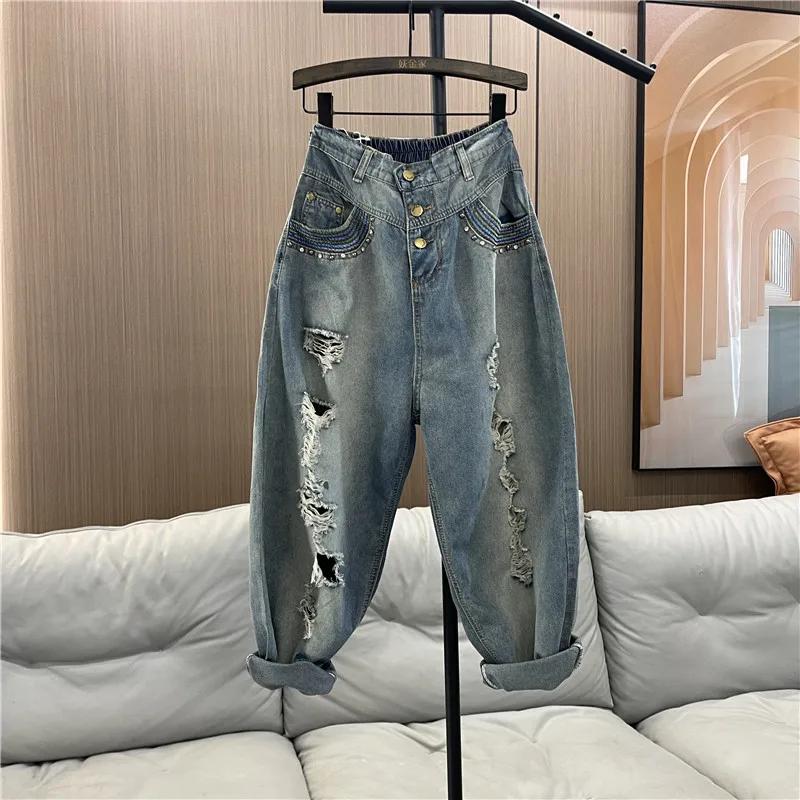 Personality Straight Ripped Jeans Women\'s 2024 New High-waisted Button Embroidered Loose Streetwear Ankle-length Harem Pants