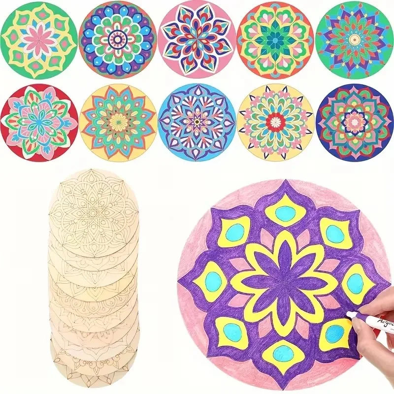 10pcs wooden diy hand painting mandala coaster painting kit unfinished wooden chips by hand wooden mandala coaster painting kit - view 4