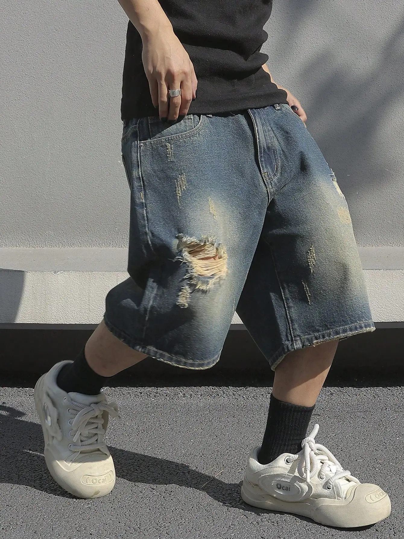 Men Summer Baggy Stretchy Denim Shorts Jeans For Men Streetwear Ripped Knee length Baggy Comfort Cargo Casual Shorts Pants Jean