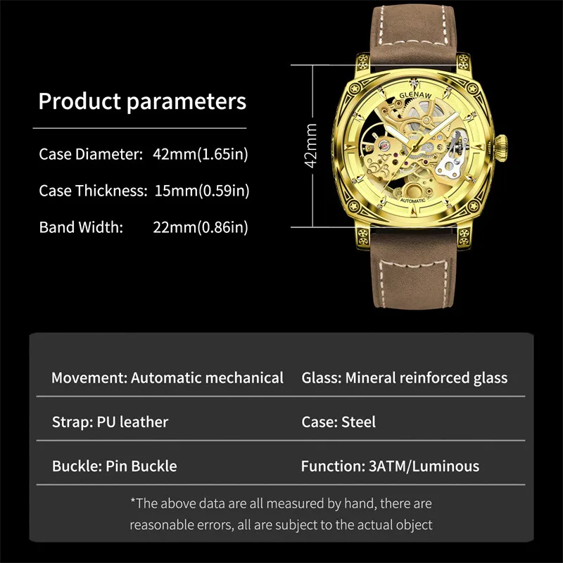 GLENAW New Top Luxury Brand Male Wristwatch Gold Luminous Automatic Mechanical Watch Waterproof Hollow Out Original Men\'s Watch