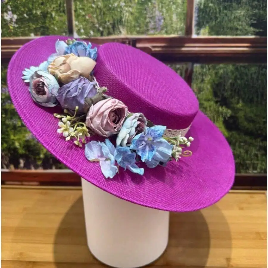 

Elegant Purple Flat Top Hat With Floral Decoration For Women Kentucky Derby Wedding Tea Party