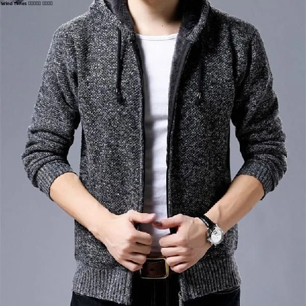 

Мужской утепленный трикотажный кардиган на молнии с капюшоном и воротником, на флисовой подкладке, с длинными рукавами, для осени и зимы