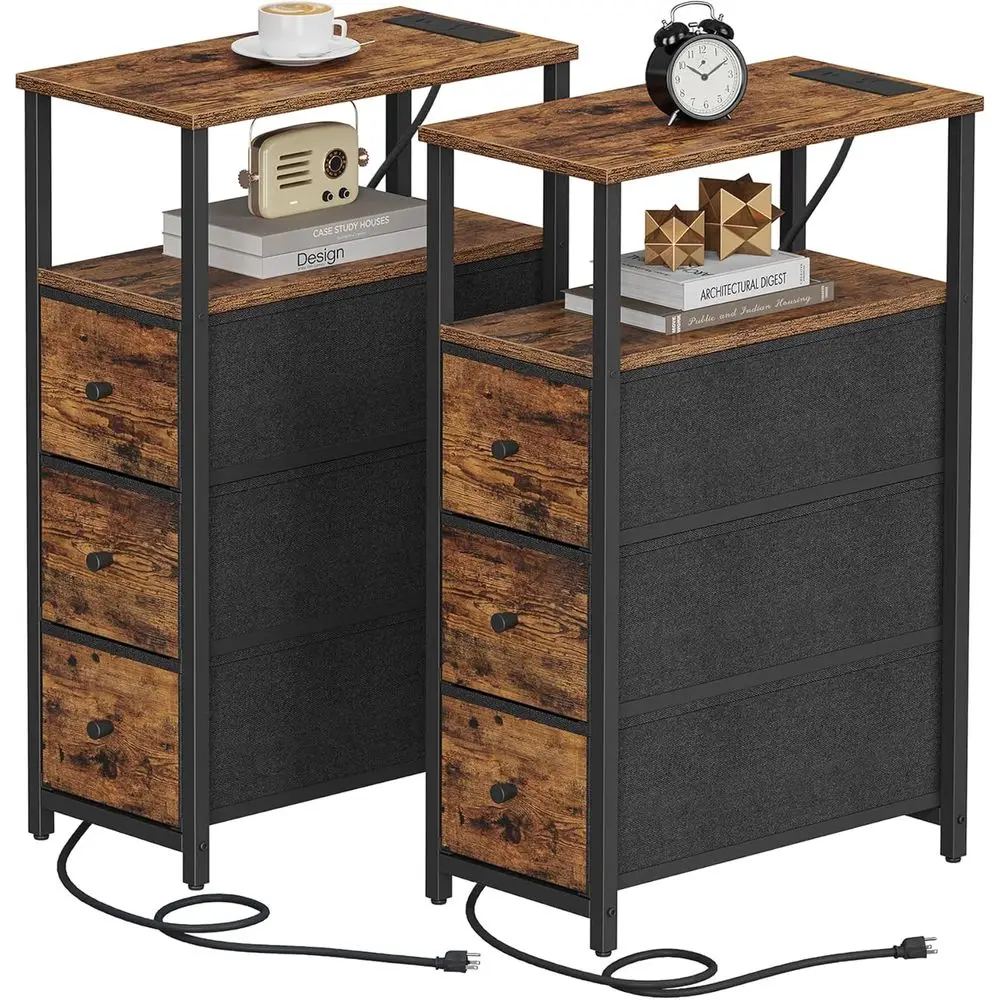 

Узкая прикроватная тумбочка с зарядной станцией, тонкий приставной столик с розетками, высокий боковой столик с 3 ящиками, маленький прикроватный столик с S-образной ручкой