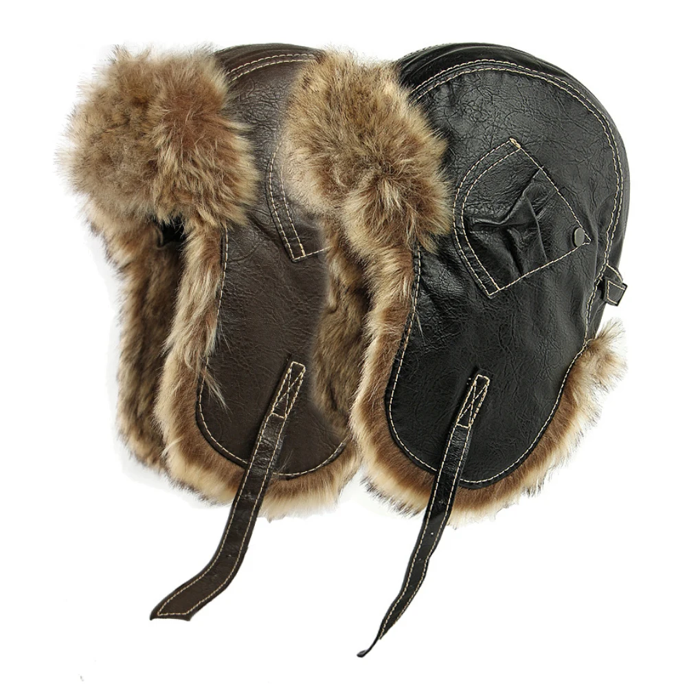 

HT5001 New Russian Hat High Quality PU Leather Winter Fur Hat Men Women Windproof Ski Trapper Earflap Cap Male Female Bomber Hat