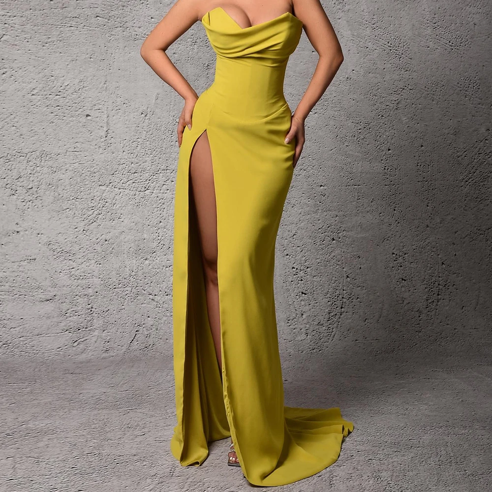 Customized Classic Pleat Strapless Floor Length Side Slit  Vestidos De Fiesta Straight Jersey Sleeveless Vestidos Para Mujer