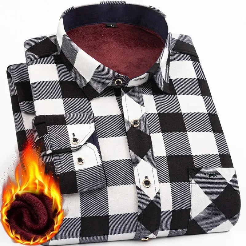 2022 Autumn/Winter New Men's Fashion Long Sleeve Plaid Shirt Fleece and Thick Warm Men's Casual High Quality Large Size Shirt