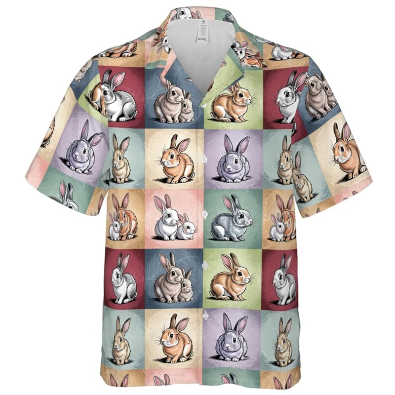 

3D Print Men Cartoon Bunny Rabbit Graphic Hawaiian Shirts Retro Printed Beach Shirt Casual Women Clothes Trendy Y2k Button Top