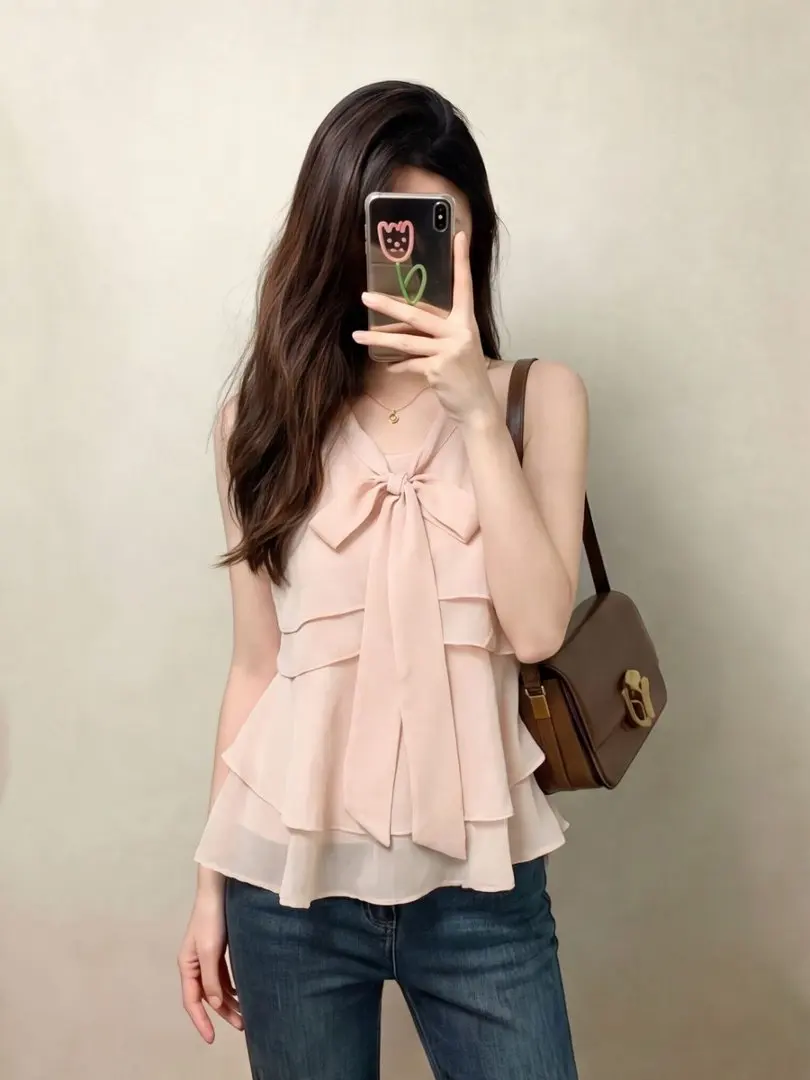 

Pink Bowknot V-neck Chiffon Blouse Women Summer Design Sensation Lace Trim Shoulder Bared Elegant Beautiful Top Korean Style ...