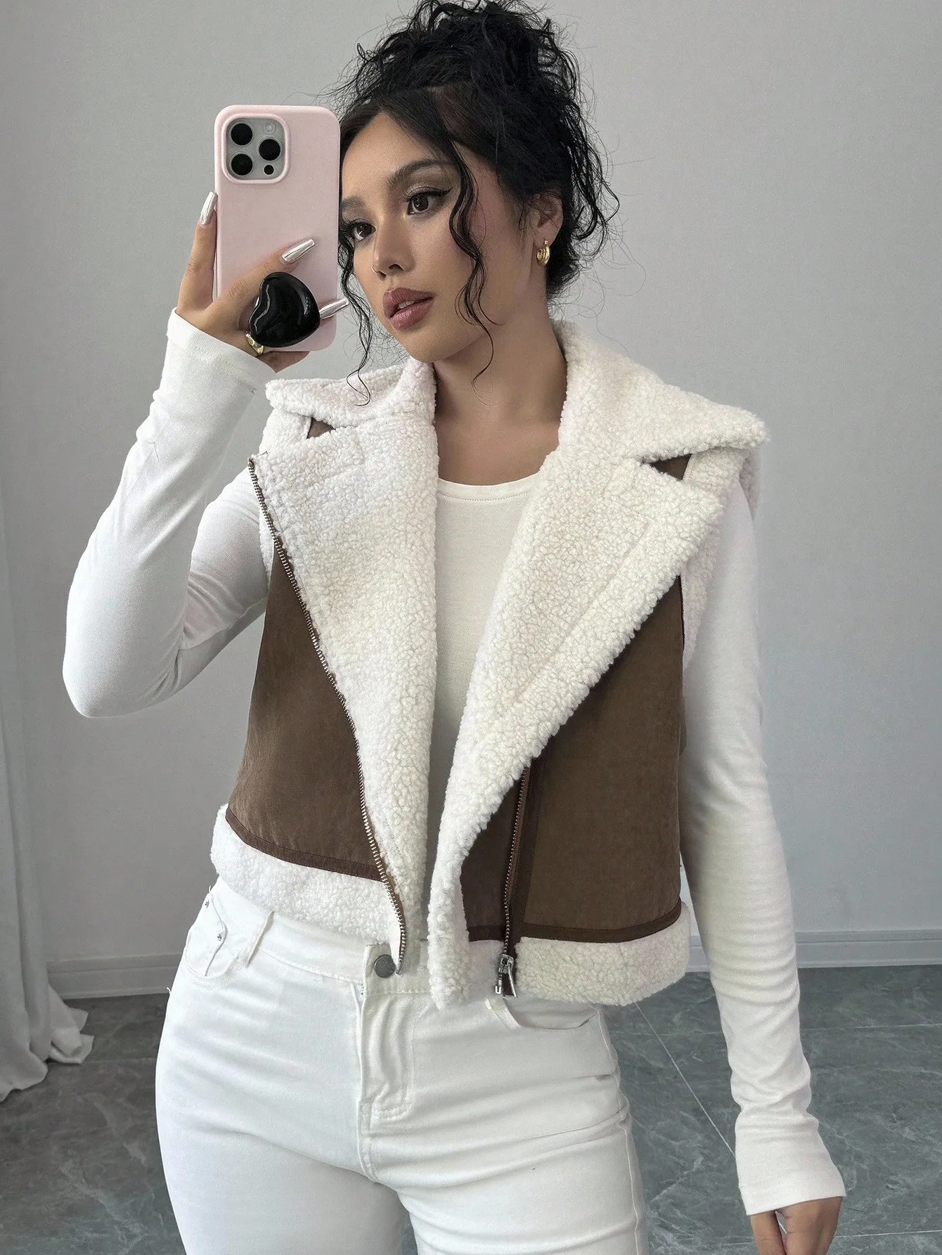 

Women's Brown & Cream Faux Shearling Moto Vest, Zip Front, Casual Winter Wear