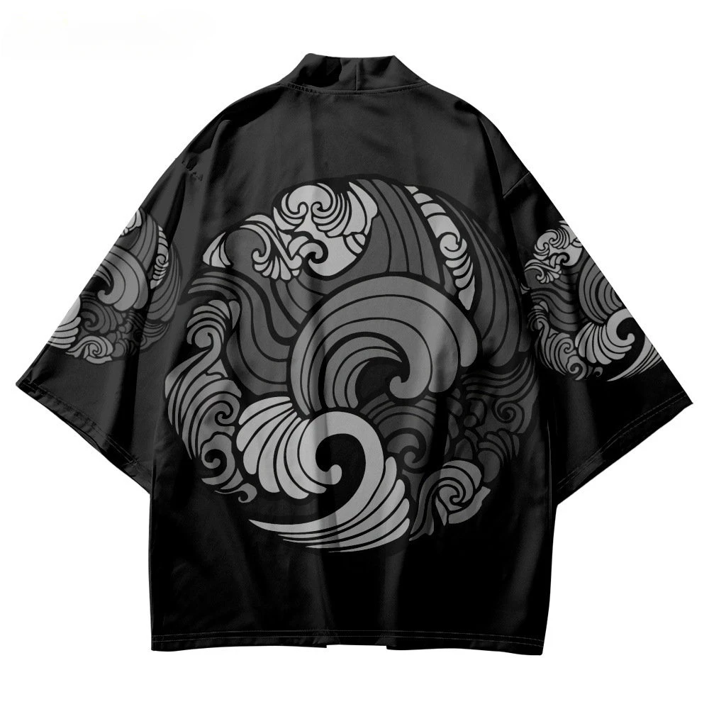 Men Women Cardigan Oversized Asian Clothes Summer Beach Japanese Yukata Traditional Print Black Kimono Haori