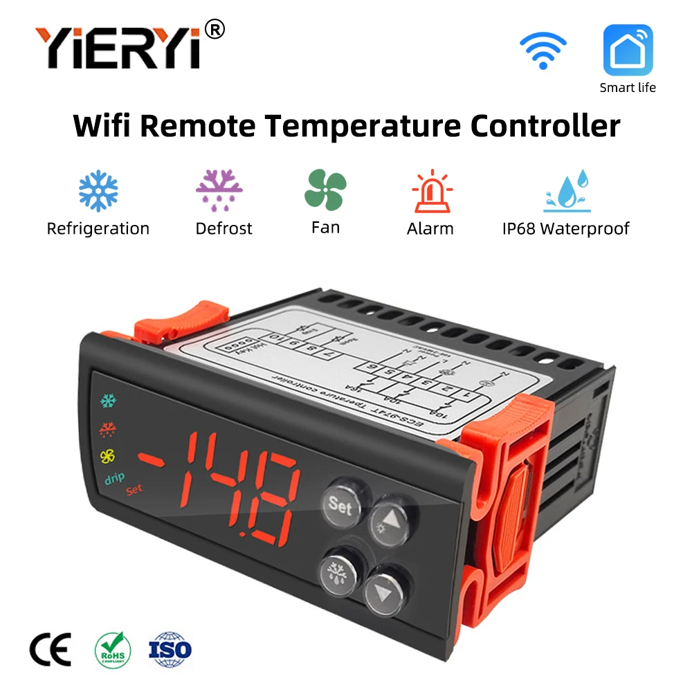 

Yieryi ECS-974T Wi-Fi пульт дистанционного управления температурой для сигнализации размораживания охлаждения с водонепроницаемостью IP68 и управлением вентилятором