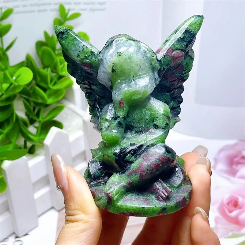 Natural Ruby In Zoisite Angel Carving Crafts Lucky Healing Fengshui Reiki Home Decoration holiday Gift 1PCS