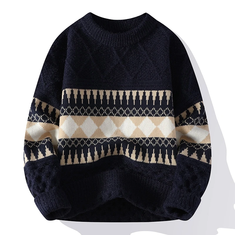 남성 가을 겨울 긴팔 니트 스웨터 라운드넥 자카드 기하학 무늬 풀오버 레저 패션 트렌드 청년 남성 의류 상의