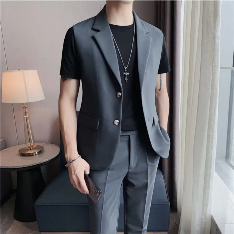 

Summer Suit High-end Solid Color Sleeveless Vest Trendy Tops Handsome and Versatile New Jacket Trendy Men JJ299