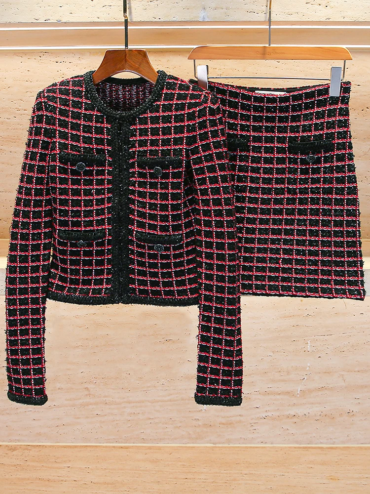 

High-End Women's Knitted Plaid Jaet And Skirt Set Spring Design Polyester Fiber Long Sve Button Closure Faion Set