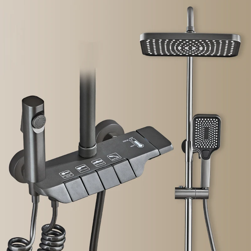 Geborsteld gouden Piao badkamer douchesysteemset messing waterval badkamerkraan 12 inch regendouchekop warm koud piano doucheset