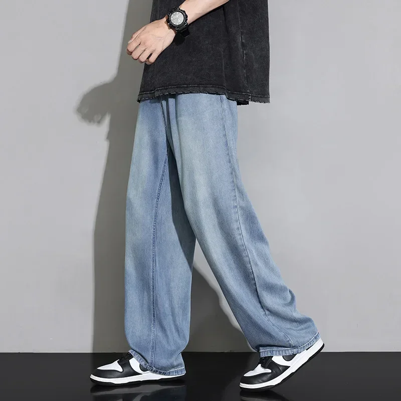 Summer Ice Silk 100% Cozy Jeans Men Soft Fabric Elastic Waist Denim Trousers Male Clothes Korea Baggy Straight Casual Pants