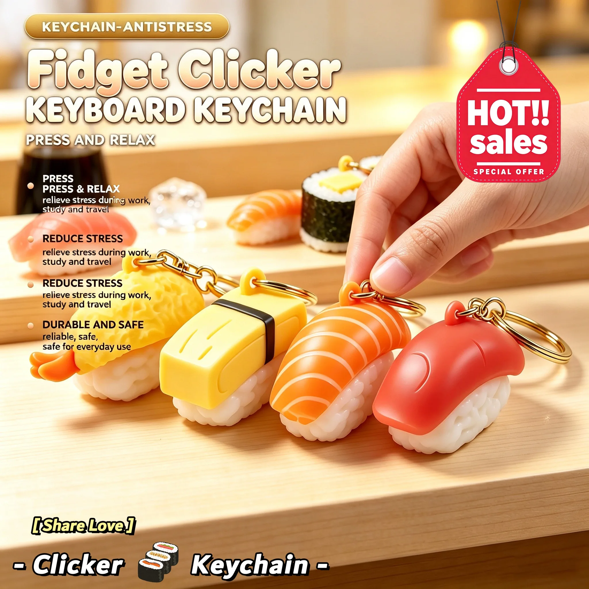 3D Printed Sushi Keyboard Clicker Keychain Cute Japanese-style Simulation Sushi Fidget Keyring Stress Relief Bag Pendant Gift