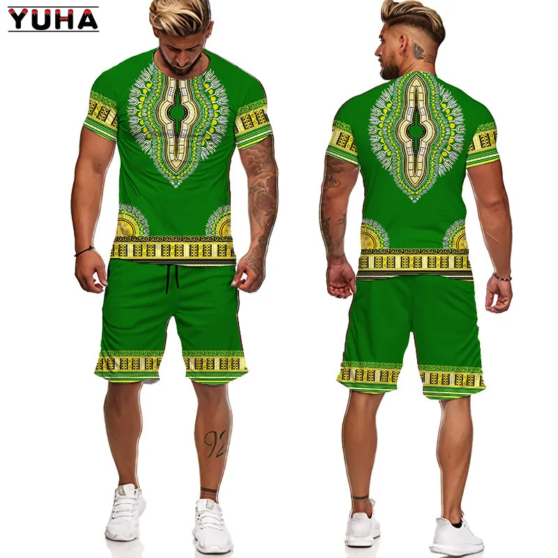 YUHA,Summer 3D African Print Casual Men Shorts Suits Couple Outfits Vintage Style Hip Hop T Shirts +Shorts Male/Female Tracksuit