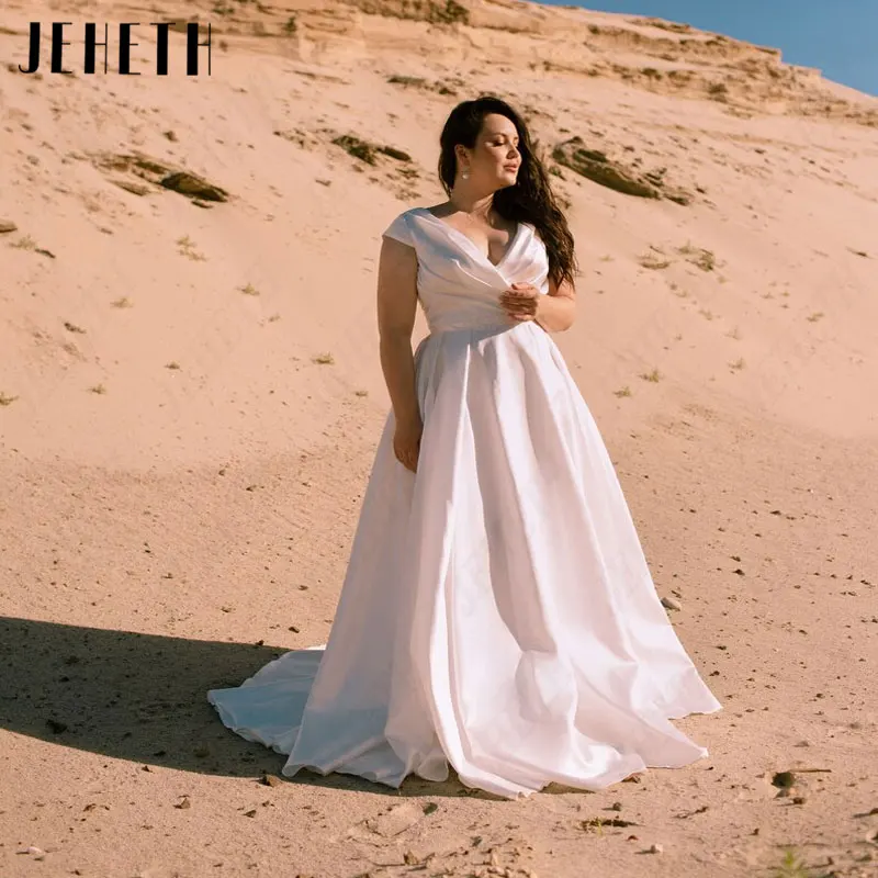 

JEHETH Satin A-Line Wedding Dresses Plus Size V-Neck Sleeveless Appliques Bridal Gowns Gorgeous Lace Elegant Vestido De Mariages