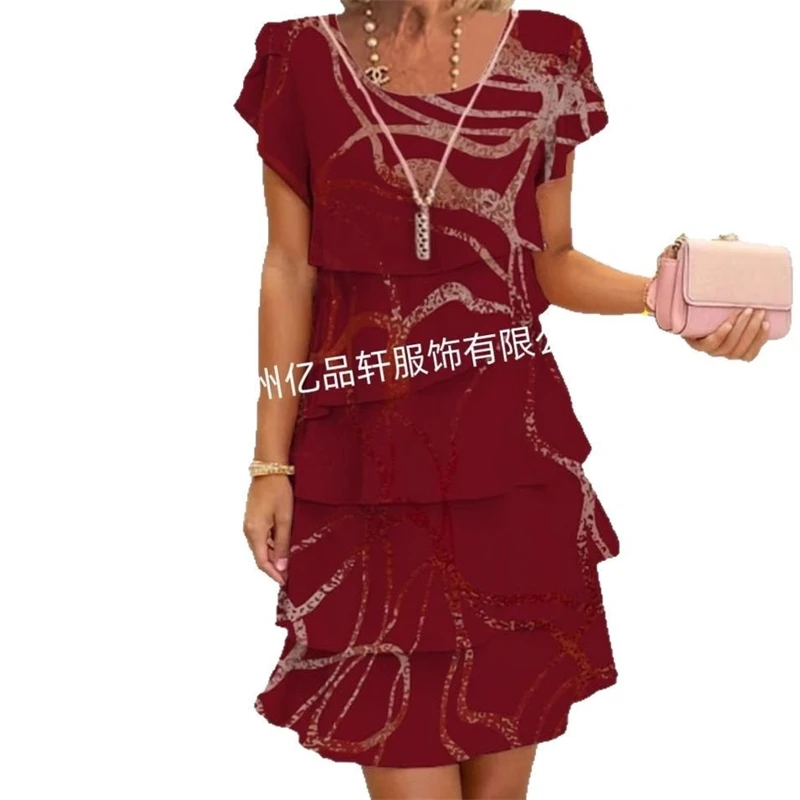 2025 primavera chique floral impressão chiffon vestido mulher elegante tripulação pescoço em camadas vestido plissado verão manga curta a linha vestido de festa