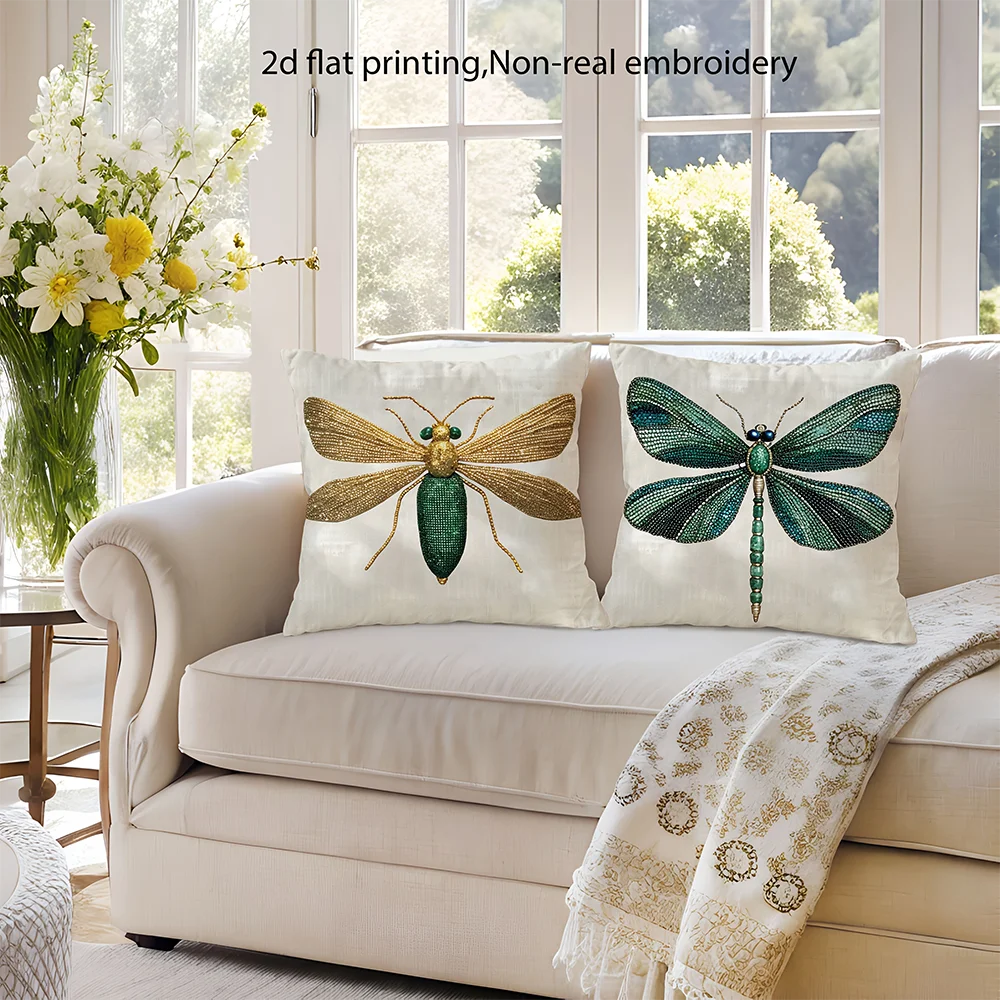 2pcs Luxury Jeweled Dragonfly Insect Throw Pillow Covers, Cream Textured Decorative Cushion Cases for Bedroom Living Room