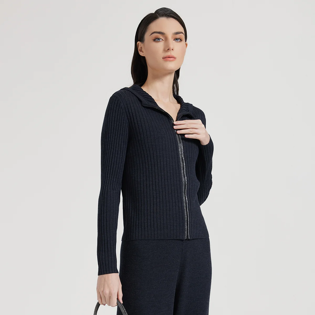 BC1036 high-quality luxury women\'s V-neck long sleeved knitted cardigan spring 30% silk 70% wool sweater hoodie