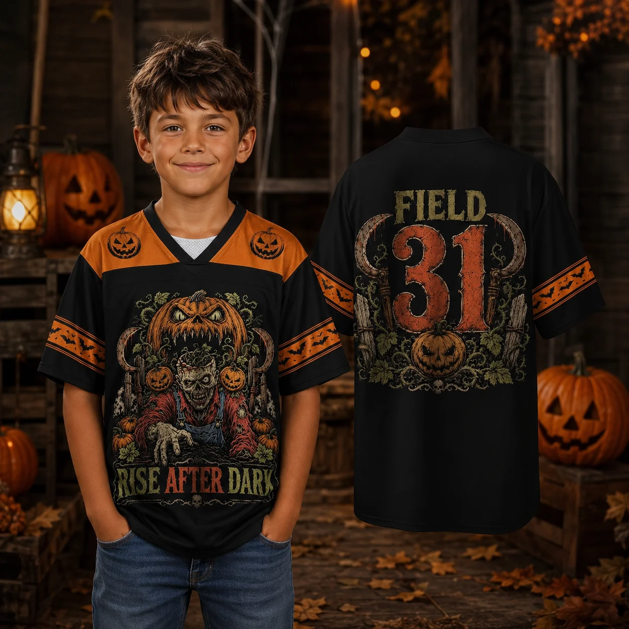 2026 New Black Zombie Pumpkin Sickle Front and Back Printed Halloween Mesh V-neck Street Jersey T-shirt for Adults and Children