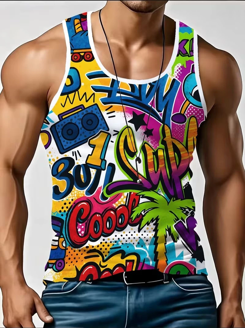 Mens 90s Hip Hop Graffiti Boombox Print Sleeveless Tank Top Breathable Casual Crew Neck Vest For Retro Street Summer Fashion Tee