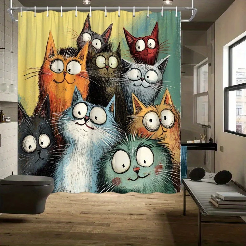 Cartoon Cats Shower Curtain - Playful Humorous Design, Colorful Polyester Fabric,Machine Washable Bathroom Decor for Home