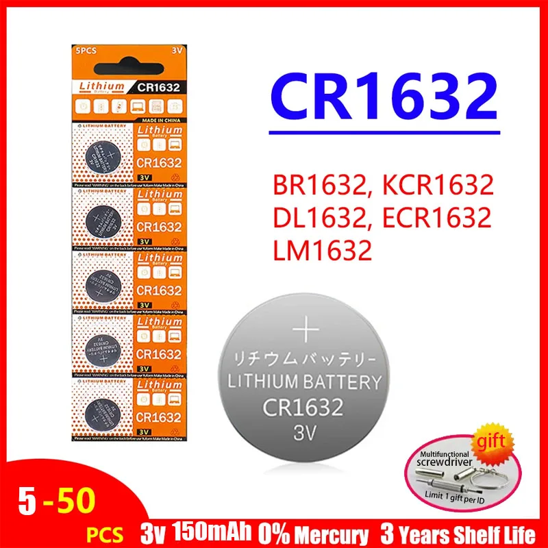 5-50PCS CR1632 3V Lithium Battery 125mAh CR 1632 DL1632 BR1632 LM1632 ECR1632 Coin Cells Batteries For Watch Remote Key